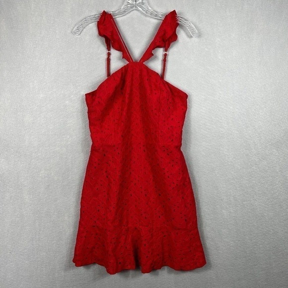 J.O.A Red Eyelet Lace Mini Dress Halter Ruffle Straps Size Medium - Picture 2 of 13